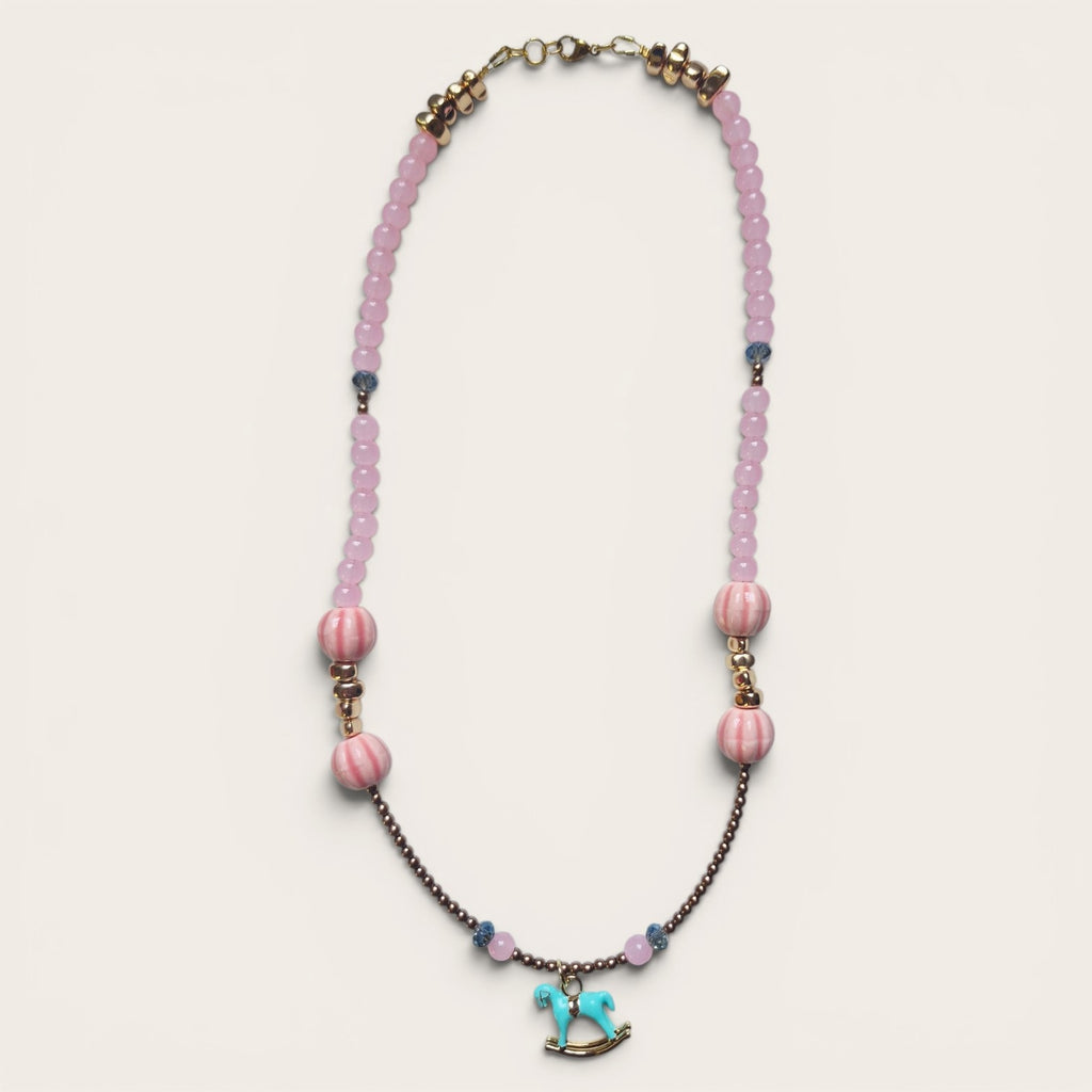 Collar de Mostacillas Rosado con Caballito Turquesa